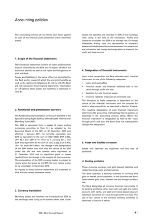 Accounting policies


The accounting policies set out below have been applied         assets and liabilities are recorded in SDR at the exchange
to both of the financial years presented unless otherwise       rates ruling at the date of the transaction. Profits and
stated.                                                         losses are translated into SDR at an average rate. Exchange
                                                                differences arising from the retranslation of monetary
                                                                assets and liabilities and from the settlement of transactions
                                                                are included as net foreign exchange gains or losses in the
                                                                profit and loss account.


1. Scope of the financial statements

These financial statements contain all assets and liabilities
that are controlled by the Bank and in respect of which the
economic benefits as well as the rights and obligations lie     4. Designation of financial instruments
with the Bank.
Assets and liabilities in the name of but not controlled by     Upon initial recognition the Bank allocates each financial
the Bank and in respect of which the economic benefits as       instrument to one of the following categories:
well as the rights and obligations do not lie with the Bank     •	   Loans and receivables
are not included in these financial statements. Information
                                                                •	   Financial assets and financial liabilities held at fair
on off-balance sheet assets and liabilities is disclosed in     	    value through profit and loss
note 31.
                                                                •	   Available for sale financial assets
                                                                •	   Financial liabilities measured at amortised cost
                                                                The allocation to these categories is dependent on the
                                                                nature of the financial instrument and the purpose for
                                                                which it was entered into, as described in Section 5 below.
2. Functional and presentation currency                         The resulting designation of each financial instrument
                                                                determines the accounting methodology that is applied, as
The functional and presentation currency of the Bank is the     described in the accounting policies below. Where the
Special Drawing Right (SDR) as defined by the International     financial instrument is designated as held at fair value
Monetary Fund (IMF).                                            through profit and loss, the Bank does not subsequently
The SDR is calculated from a basket of major trading            change this designation.
currencies according to Rule O–1 as adopted by the
Executive Board of the IMF on 30 December 2010 and
effective 1 January 2011. As currently calculated, one
SDR is equivalent to the sum of USD 0.660, EUR 0.423,
JPY 12.1 and GBP 0.111. Prior to 1 January 2011, one
SDR was equivalent to the sum of USD 0.632, EUR 0.410,          5. Asset and liability structure
JPY 18.4 and GBP 0.0903. The change in the composition
of the SDR basket was such that the values of the SDR           Assets and liabilities are organised into two sets of
under the old and new baskets were equivalent at                portfolios:
31 December 2010 and no significant gains or losses
resulted from the change in the weights of the currencies.
The composition of the SDR currency basket is subject to
                                                                A. Banking portfolios
review every five years by the IMF; the next review is due
to be undertaken in December 2015.
                                                                These comprise currency and gold deposit liabilities and
All figures in these financial statements are presented in      related banking assets and derivatives.
SDR millions unless otherwise stated.
                                                                The Bank operates a banking business in currency and
                                                                gold on behalf of its customers. In this business the Bank
                                                                takes limited gold price, interest rate and foreign currency
                                                                risk.
                                                                The Bank designates all currency financial instruments in
                                                                its banking portfolios (other than cash and sight and notice
3. Currency translation                                         accounts with banks, and sight and notice deposit account
                                                                liabilities) as held at fair value through profit and loss. The
Monetary assets and liabilities are translated into SDR at
                                                                use of fair values in the currency banking portfolios is
the exchange rates ruling at the balance sheet date. Other
                                                                described in Section 9 below.




                          BIS 82nd Annual Report                                                                         141
 