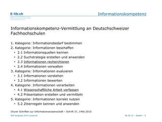 Informationskompetenz Informationskompetenz-Vermittlung an Deutschschweizer Fachhochschulen 1. Kategorie: Informationsbedarf bestimmen 2. Kategorie: Informationen beschaffen 2.1 Informationsquellen kennen 2.2 Suchstrategie erstellen und anwenden 2.3  Informationen recherchieren 2.4 Informationen verwalten 3. Kategorie: Informationen evaluieren 3.1 Informationen verstehen 3.2 Informationen bewerten 4. Kategorie: Informationen verarbeiten 4.1  Wissenschaftliche Arbeit verfassen 4.2 Präsentation erstellen und vermitteln 5. Kategorie: Informationen korrekt nutzen 5.2 Zitierregeln kennen und anwenden Churer Schriften zur Informationswissenschaft – Schrift 37, J.Milz 2010 