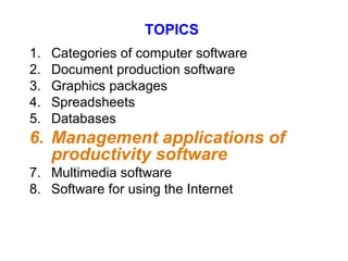 TOPICS 1. Categories of computer software 2. Document production software 3. Graphics packages 4. Spreadsheets 5. Databases 6. Management applications of productivity software 7. Multimedia software Software for using the Internet 