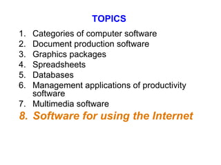 TOPICS 1. Categories of computer software 2. Document production software 3. Graphics packages 4. Spreadsheets 5. Databases 6. Management applications of productivity software 7. Multimedia software Software for using the Internet 