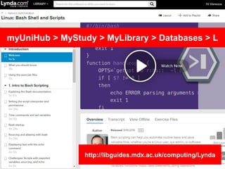 myUniHub > MyStudy > MyLibrary > Databases > L
http://libguides.mdx.ac.uk/computing/Lynda
 