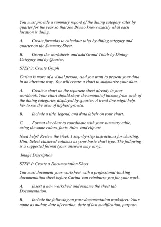 You must provide a summary report of the dining category sales by
quarter for the year so that Joe Bruno knows exactly what each
location is doing.
A. Create formulas to calculate sales by dining category and
quarter on the Summary Sheet.
B. Group the worksheets and add Grand Totals by Dining
Category and by Quarter.
STEP 3: Create Graph
Carina is more of a visual person, and you want to present your data
in an alternate way. You will create a chart to summarize your data.
A. Create a chart on the separate sheet already in your
workbook. Your chart should show the amount of income from each of
the dining categories displayed by quarter. A trend line might help
her to see the area of highest growth.
B. Include a title, legend, and data labels on your chart.
C. Format the chart to coordinate with your summary table,
using the same colors, fonts, titles, and clip art.
Need help? Review the Week 1 step-by-step instructions for charting.
Hint: Select clustered columns as your basic chart type. The following
is a suggested format (your answers may vary).
Image Description
STEP 4: Create a Documentation Sheet
You must document your worksheet with a professional-looking
documentation sheet before Carina can reimburse you for your work.
A. Insert a new worksheet and rename the sheet tab
Documentation.
B. Include the following on your documentation worksheet: Your
name as author, date of creation, date of last modification, purpose.
 