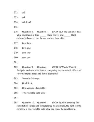 272. A2
273. A3
274. A1 & A2
275.
276. Question 8. Question : (TCO 6) A one-variable data
table must have at least _____ blank row(s) and _____ blank
column(s) between the dataset and the data table.
277. two, two
278. two, one
279. one, two
280. one, one
281.
282. Question 9. Question : (TCO 6) Which What-If
Analysis tool would be best at comparing the combined effects of
various interest rates and down payments?
283. Scenario Manager
284. Goal Seek
285. One-variable data table
286. Two-variable data table
287.
288. Question 10. Question : (TCO 6) After entering the
substitution values and the reference to a formula, the next step to
complete a two-variable data table and view the results is to
 