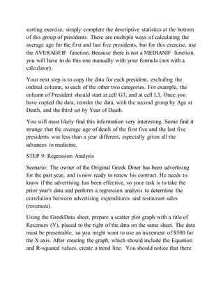 sorting exercise, simply complete the descriptive statistics at the bottom
of this group of presidents. There are multiple ways of calculating the
average age for the first and last five presidents, but for this exercise, use
the AVERAGEIF function. Because there is not a MEDIANIF function,
you will have to do this one manually with your formula (not with a
calculator).
Your next step is to copy the data for each president, excluding the
ordinal column, to each of the other two categories. For example, the
column of President should start at cell G3, and at cell L3. Once you
have copied the data, reorder the data, with the second group by Age at
Death, and the third set by Year of Death.
You will most likely find this information very interesting. Some find it
strange that the average age of death of the first five and the last five
presidents was less than a year different, especially given all the
advances in medicine.
STEP 9: Regression Analysis
Scenario: The owner of the Original Greek Diner has been advertising
for the past year, and is now ready to renew his contract. He needs to
know if the advertising has been effective, so your task is to take the
prior year's data and perform a regression analysis to determine the
correlation between advertising expenditures and restaurant sales
(revenues).
Using the GreekData sheet, prepare a scatter plot graph with a title of
Revenues (Y), placed to the right of the data on the same sheet. The data
must be presentable, so you might want to use an increment of $500 for
the X axis. After creating the graph, which should include the Equation
and R-squared values, create a trend line. You should notice that there
 