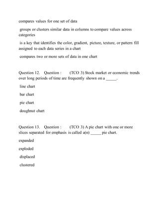 compares values for one set of data
groups or clusters similar data in columns to compare values across
categories
is a key that identifies the color, gradient, picture, texture, or pattern fill
assigned to each data series in a chart
compares two or more sets of data in one chart
Question 12. Question : (TCO 3) Stock market or economic trends
over long periods of time are frequently shown on a _____.
line chart
bar chart
pie chart
doughnut chart
Question 13. Question : (TCO 3) A pie chart with one or more
slices separated for emphasis is called a(n) _____ pie chart.
expanded
exploded
displaced
clustered
 
