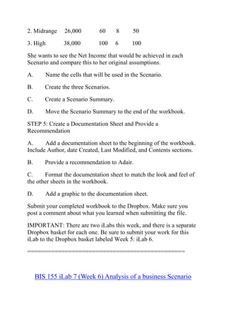 2. Midrange 26,000 60 8 50
3. High 38,000 100 6 100
She wants to see the Net Income that would be achieved in each
Scenario and compare this to her original assumptions.
A. Name the cells that will be used in the Scenario.
B. Create the three Scenarios.
C. Create a Scenario Summary.
D. Move the Scenario Summary to the end of the workbook.
STEP 5: Create a Documentation Sheet and Provide a
Recommendation
A. Add a documentation sheet to the beginning of the workbook.
Include Author, date Created, Last Modified, and Contents sections.
B. Provide a recommendation to Adair.
C. Format the documentation sheet to match the look and feel of
the other sheets in the workbook.
D. Add a graphic to the documentation sheet.
Submit your completed workbook to the Dropbox. Make sure you
post a comment about what you learned when submitting the file.
IMPORTANT: There are two iLabs this week, and there is a separate
Dropbox basket for each one. Be sure to submit your work for this
iLab to the Dropbox basket labeled Week 5: iLab 6.
==============================================
BIS 155 iLab 7 (Week 6) Analysis of a business Scenario
 