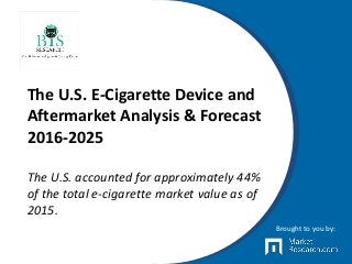 The U.S. E-Cigarette Device and
Aftermarket Analysis & Forecast
2016-2025
The U.S. accounted for approximately 44%
of the total e-cigarette market value as of
2015.
Brought to you by:
 
