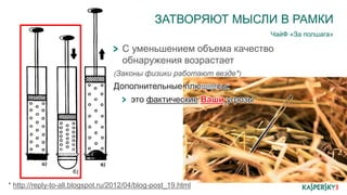 ЗАТВОРЯЮТ МЫСЛИ В РАМКИ
ЧайФ «За полшага»
* http://reply-to-all.blogspot.ru/2012/04/blog-post_19.html
С уменьшением объема качество
обнаружения возрастает
(Законы физики работают везде*)
Дополнительные плюшкисы:
это фактические Ваши угрозы
 