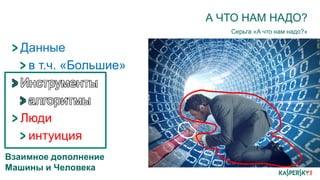 А ЧТО НАМ НАДО?
Серьга «А что нам надо?»
Данные
в т.ч. «Большие»
Инструменты
Люди
интуиция
Инструменты
алгоритмы
Взаимное дополнение
Машины и Человека
 