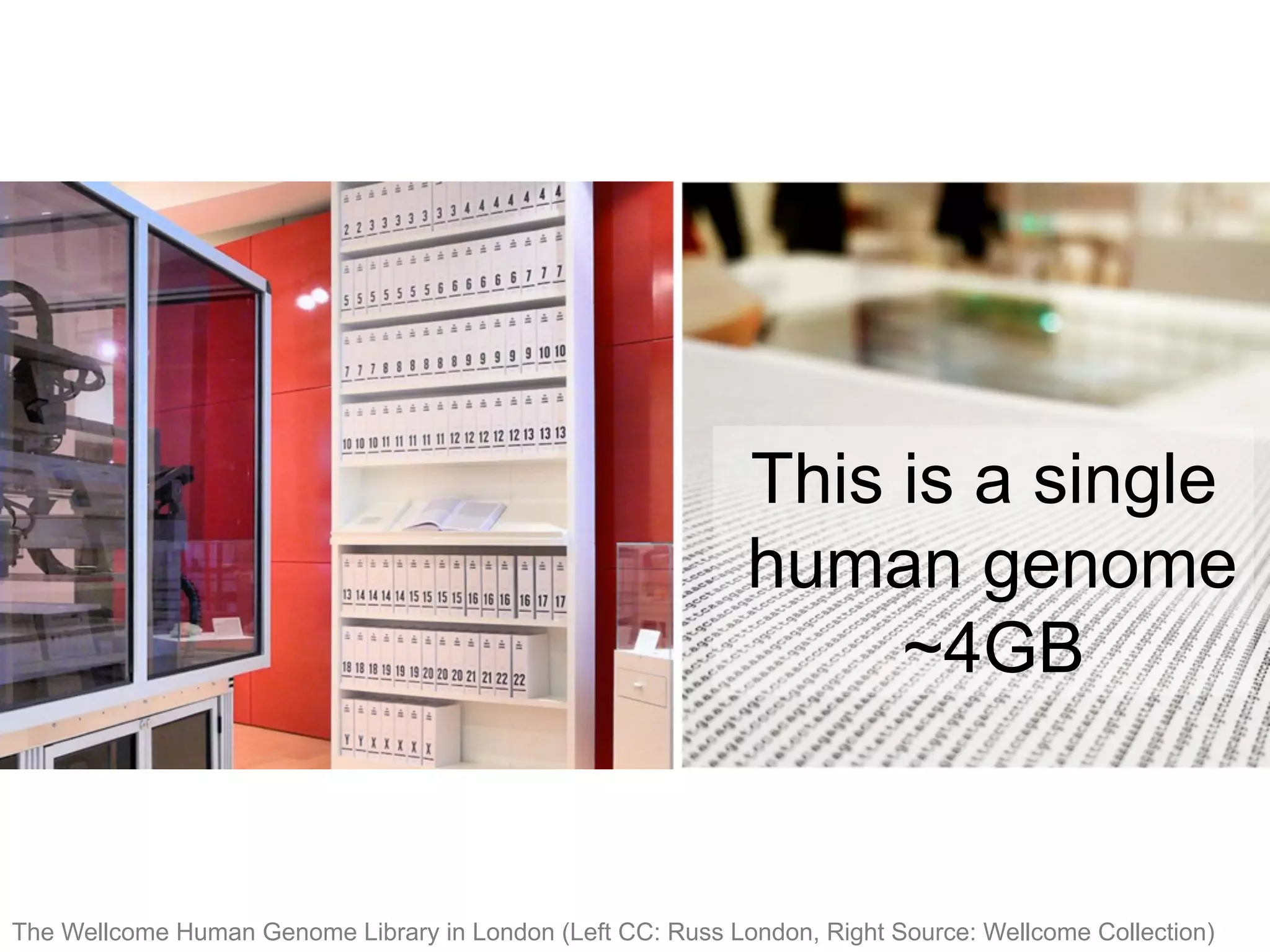 This is a single
human genome
~4GB
The Wellcome Human Genome Library in London (Left CC: Russ London, Right Source: Wellcome Collection)
 