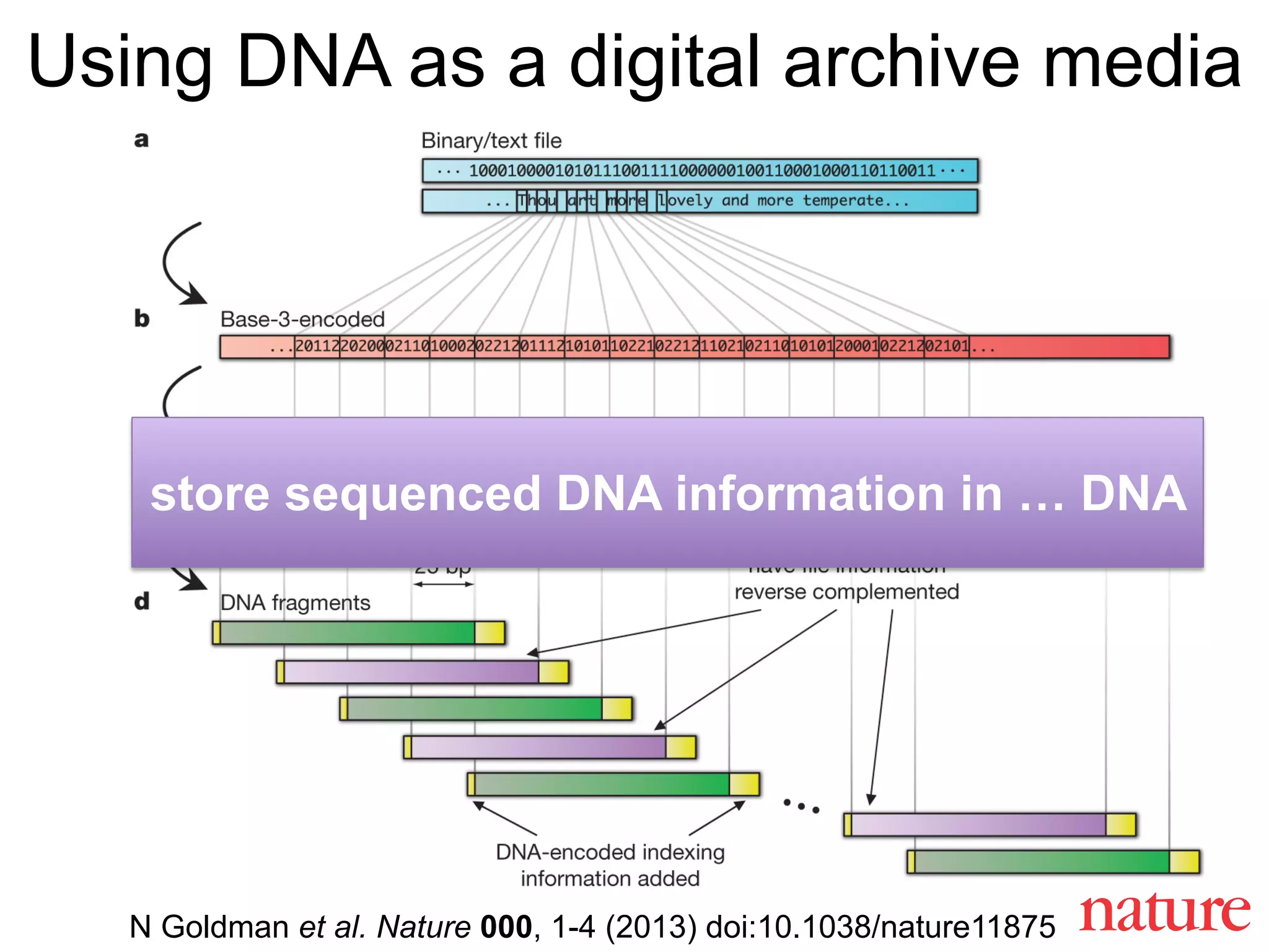 N Goldman et al. Nature 000, 1-4 (2013) doi:10.1038/nature11875
Using DNA as a digital archive media
store sequenced DNA information in … DNA
 