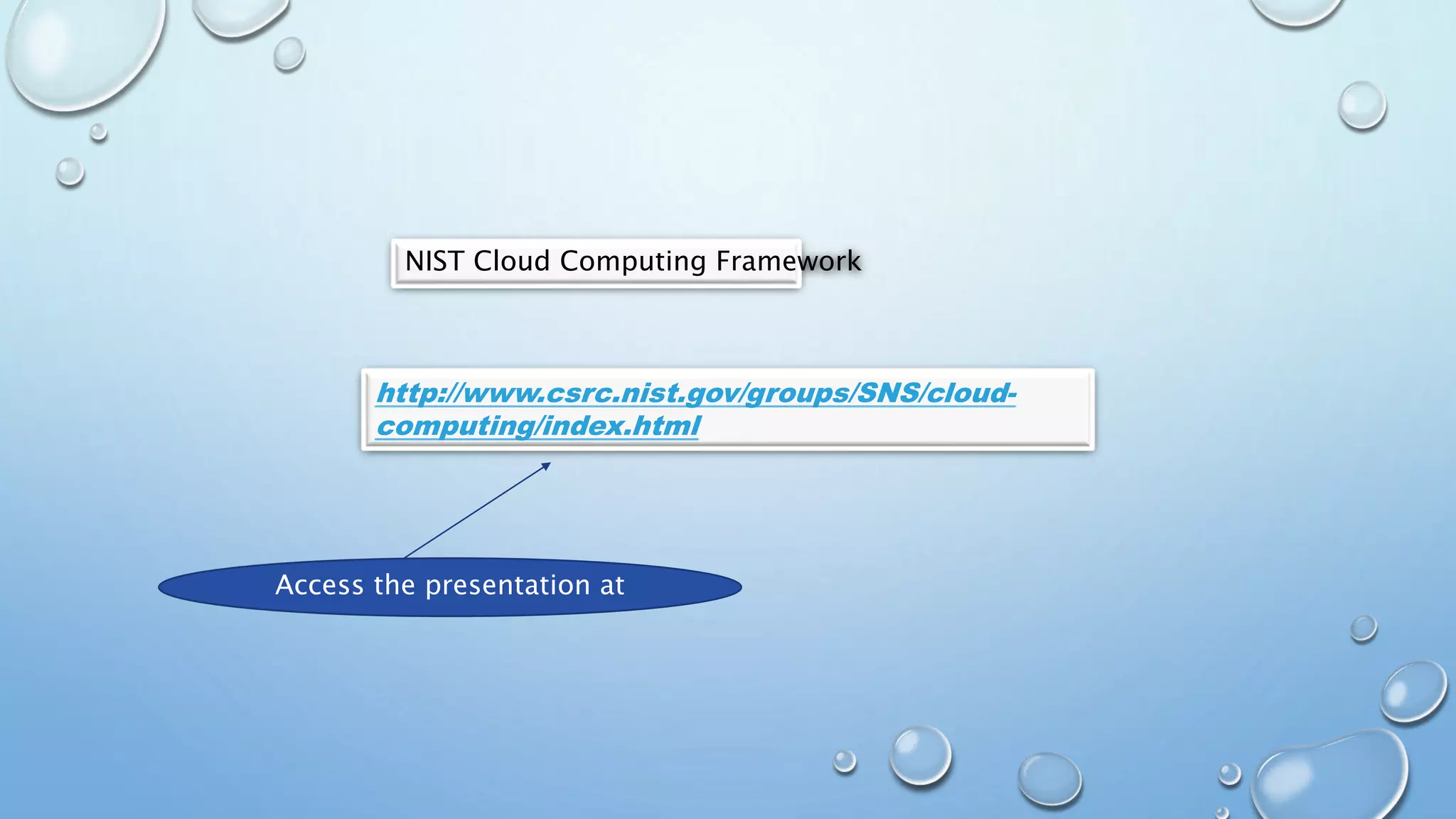 http://www.csrc.nist.gov/groups/SNS/cloud-
computing/index.html
NIST Cloud Computing Framework
Access the presentation at
 