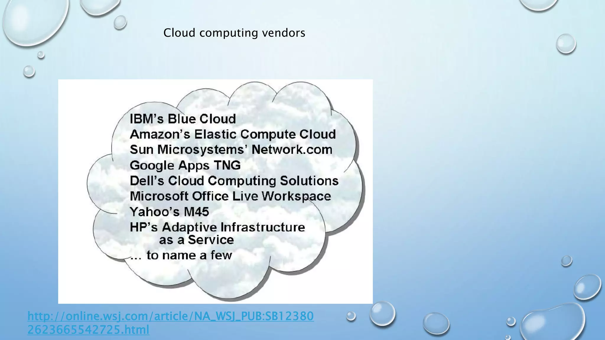 Cloud computing vendors
http://online.wsj.com/article/NA_WSJ_PUB:SB12380
2623665542725.html
 