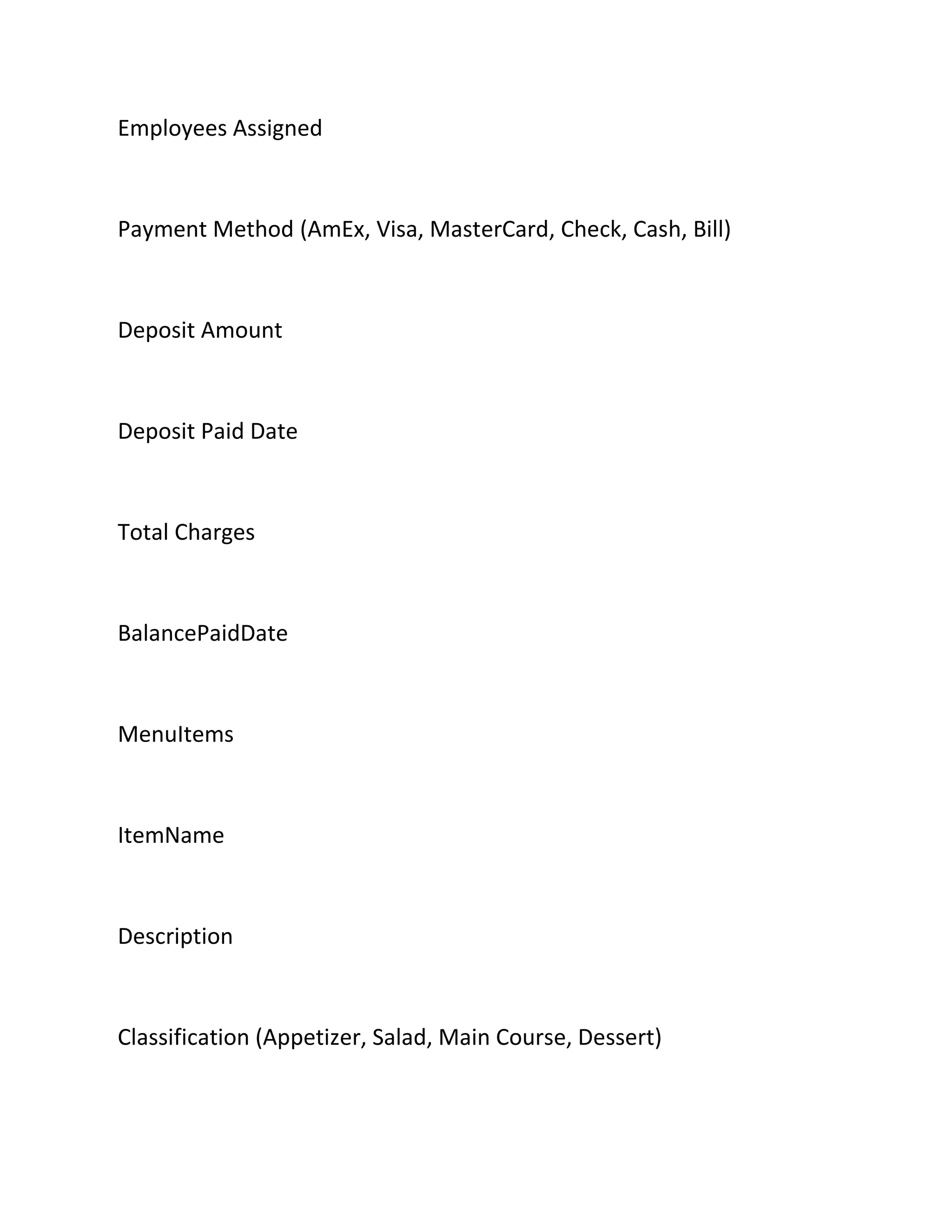 Employees Assigned
Payment Method (AmEx, Visa, MasterCard, Check, Cash, Bill)
Deposit Amount
Deposit Paid Date
Total Charges
BalancePaidDate
MenuItems
ItemName
Description
Classification (Appetizer, Salad, Main Course, Dessert)
 