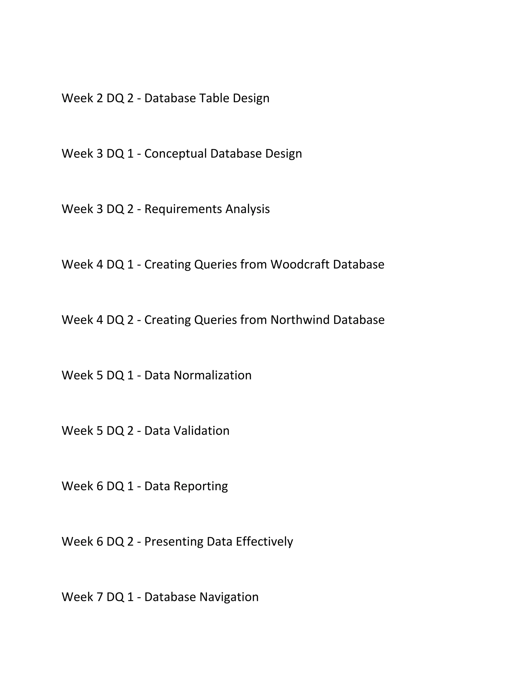 Week 2 DQ 2 - Database Table Design
Week 3 DQ 1 - Conceptual Database Design
Week 3 DQ 2 - Requirements Analysis
Week 4 DQ 1 - Creating Queries from Woodcraft Database
Week 4 DQ 2 - Creating Queries from Northwind Database
Week 5 DQ 1 - Data Normalization
Week 5 DQ 2 - Data Validation
Week 6 DQ 1 - Data Reporting
Week 6 DQ 2 - Presenting Data Effectively
Week 7 DQ 1 - Database Navigation
 