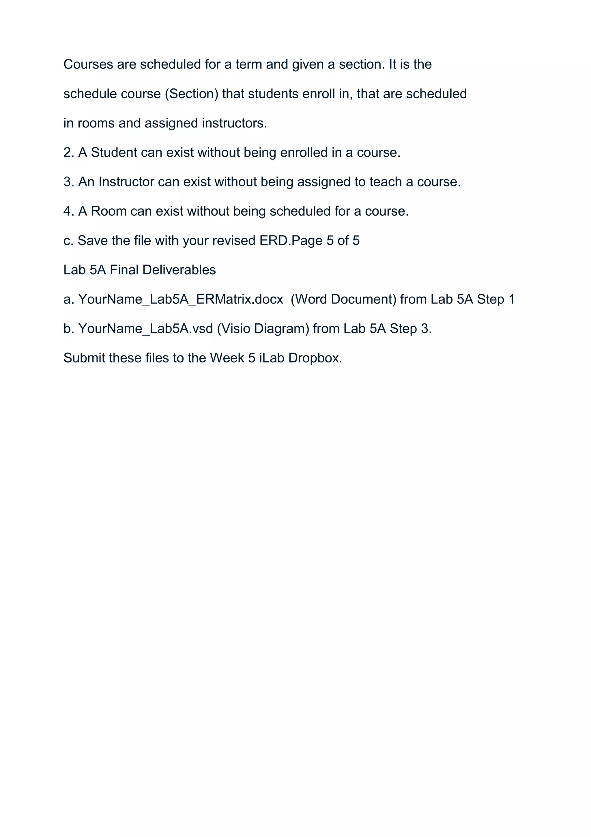 Courses are scheduled for a term and given a section. It is the

schedule course (Section) that students enroll in, that are scheduled

in rooms and assigned instructors.

2. A Student can exist without being enrolled in a course.

3. An Instructor can exist without being assigned to teach a course.

4. A Room can exist without being scheduled for a course.

c. Save the file with your revised ERD.Page 5 of 5

Lab 5A Final Deliverables

a. YourName_Lab5A_ERMatrix.docx (Word Document) from Lab 5A Step 1

b. YourName_Lab5A.vsd (Visio Diagram) from Lab 5A Step 3.

Submit these files to the Week 5 iLab Dropbox.
 