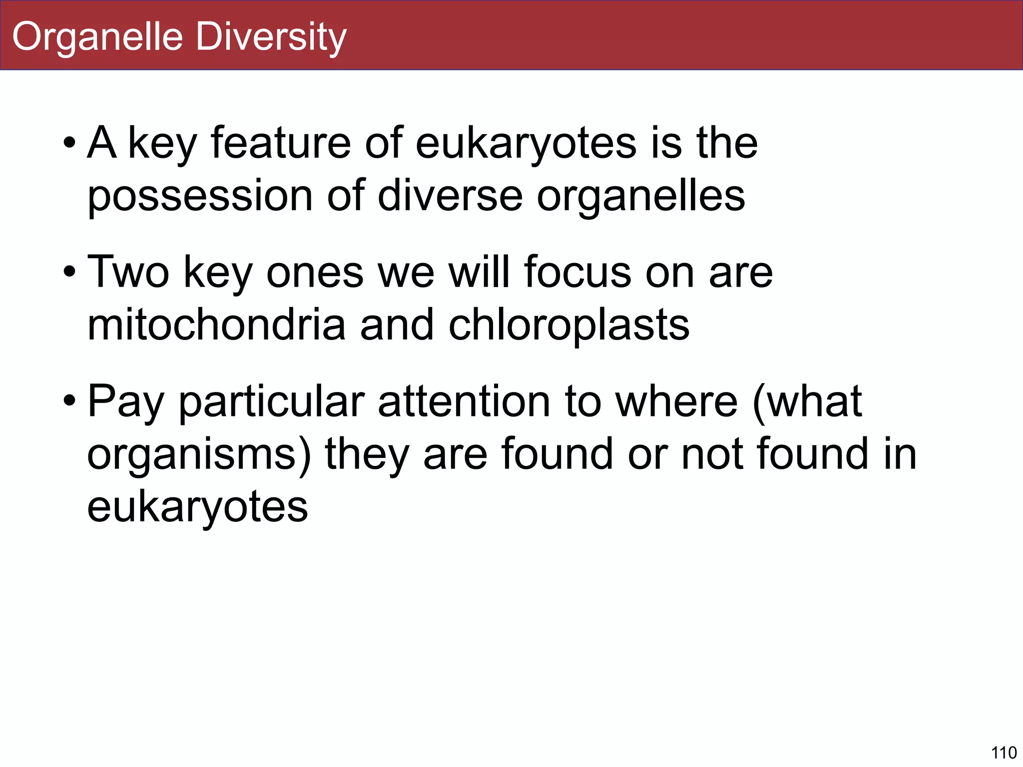 Organelle Diversity
• A key feature of eukaryotes is the
possession of diverse organelles
• Two key ones we will focus on are
mitochondria and chloroplasts
• Pay particular attention to where (what
organisms) they are found or not found in
eukaryotes
110
 