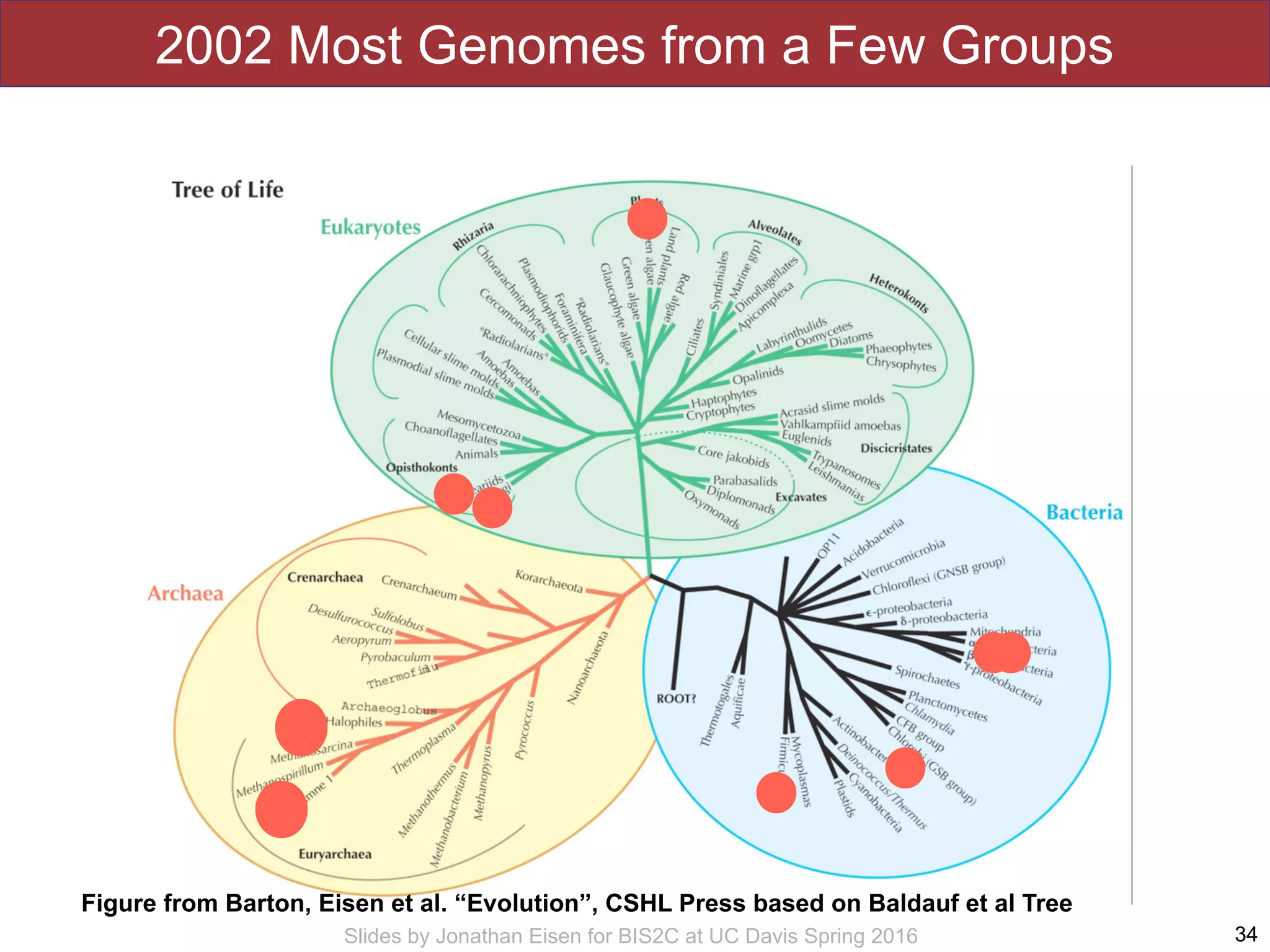 Slides by Jonathan Eisen for BIS2C at UC Davis Spring 2016
2002 Most Genomes from a Few Groups
34
Figure from Barton, Eisen et al. “Evolution”, CSHL Press based on Baldauf et al Tree
 