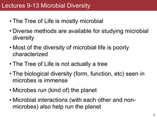 Lectures 9-13 Microbial Diversity
• The Tree of Life is mostly microbial
• Diverse methods are available for studying micr...