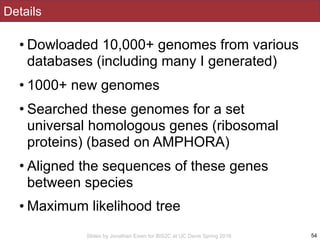 Slides by Jonathan Eisen for BIS2C at UC Davis Spring 2016
Details
• Dowloaded 10,000+ genomes from various
databases (including many I generated)
• 1000+ new genomes
• Searched these genomes for a set
universal homologous genes (ribosomal
proteins) (based on AMPHORA)
• Aligned the sequences of these genes
between species
• Maximum likelihood tree
54
 