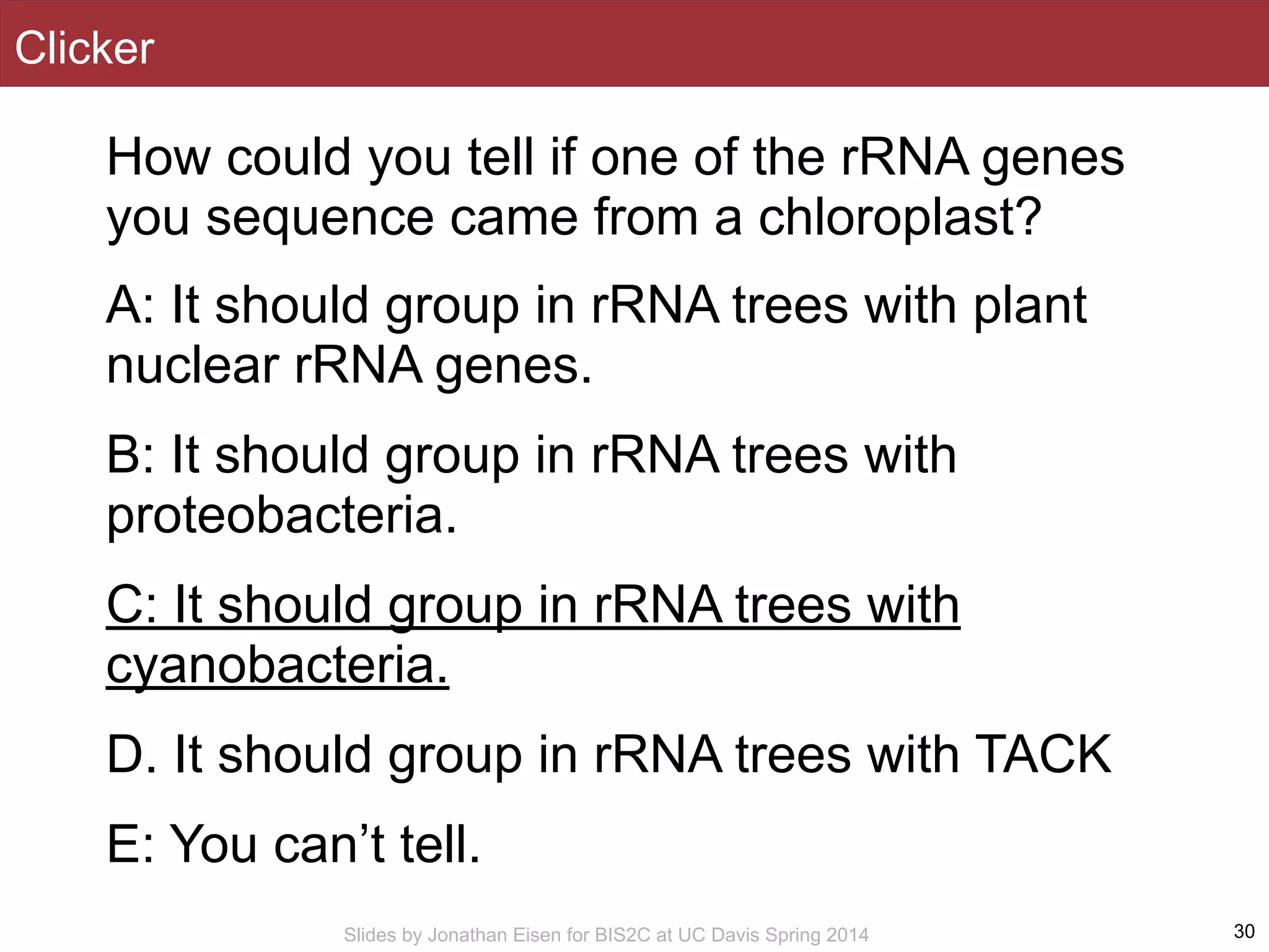 Slides by Jonathan Eisen for BIS2C at UC Davis Spring 2014
Clicker
How could you tell if one of the rRNA genes
you sequence came from a chloroplast?
A: It should group in rRNA trees with plant
nuclear rRNA genes.
B: It should group in rRNA trees with
proteobacteria.
C: It should group in rRNA trees with
cyanobacteria.
D. It should group in rRNA trees with TACK
E: You can’t tell.
30
 