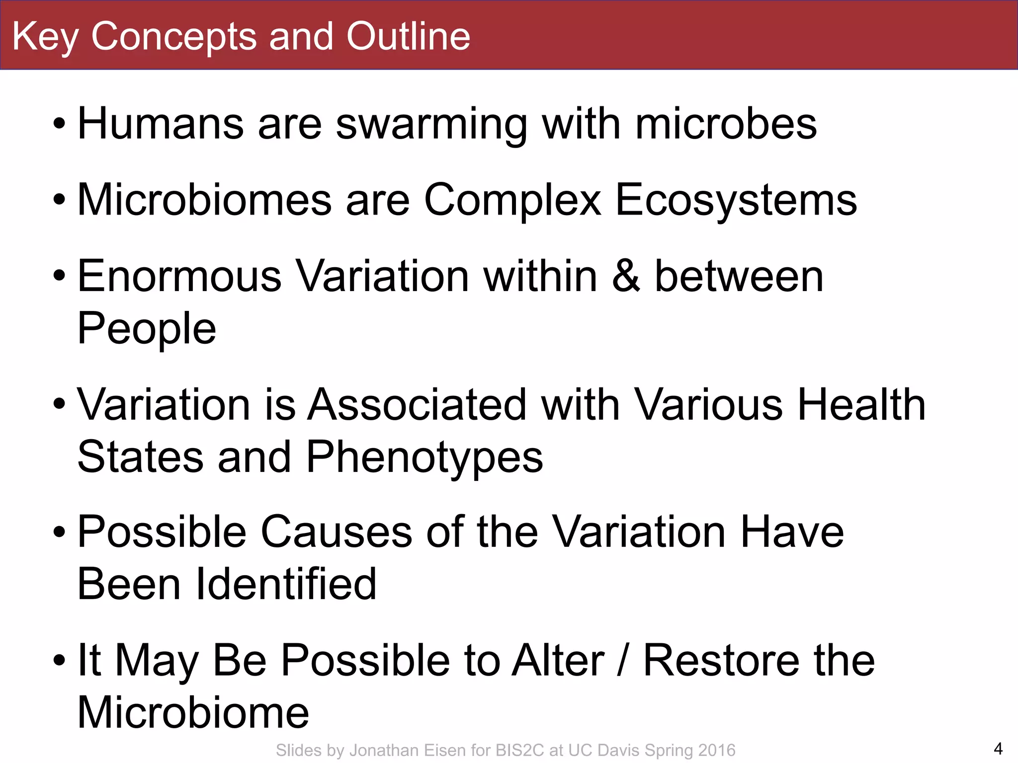 Slides by Jonathan Eisen for BIS2C at UC Davis Spring 2016
Key Concepts and Outline
• Humans are swarming with microbes
• Microbiomes are Complex Ecosystems
• Enormous Variation within & between
People
• Variation is Associated with Various Health
States and Phenotypes
• Possible Causes of the Variation Have
Been Identified
• It May Be Possible to Alter / Restore the
Microbiome
4
 
