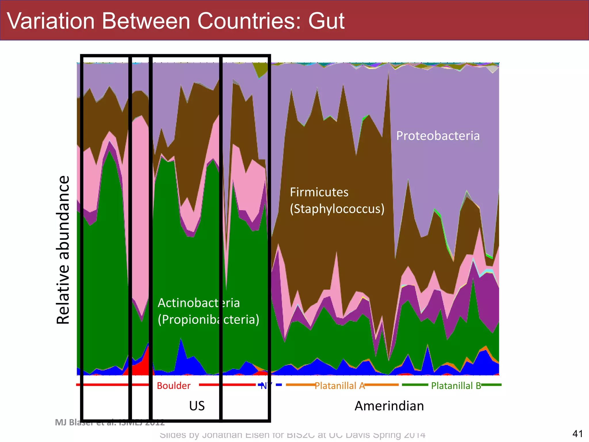 Slides by Jonathan Eisen for BIS2C at UC Davis Spring 2014
Variation Between Countries: Gut
41
The ISME Journal (2013) 7, 85–95; doi:10.1038/ismej.2012.81
MJ Blaser et al. ISMEJ 2012
US Amerindian
Actinobacteria
(Propionibacteria)
Firmicutes
(Staphylococcus)
Relativeabundance
Actinobacteria dominates in the US
Boulder NY Platanillal A Platanillal B
Proteobacteria
 