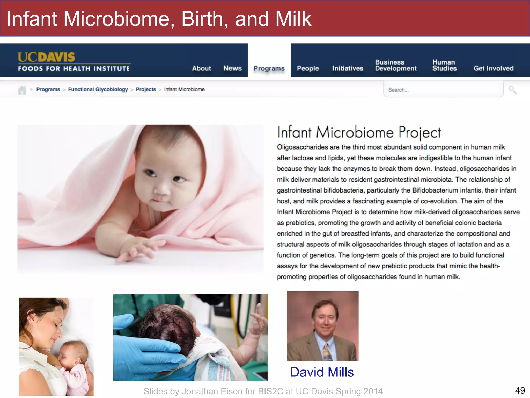 Slides by Jonathan Eisen for BIS2C at UC Davis Spring 2014
Infant Microbiome, Birth, and Milk
49
David Mills
 
