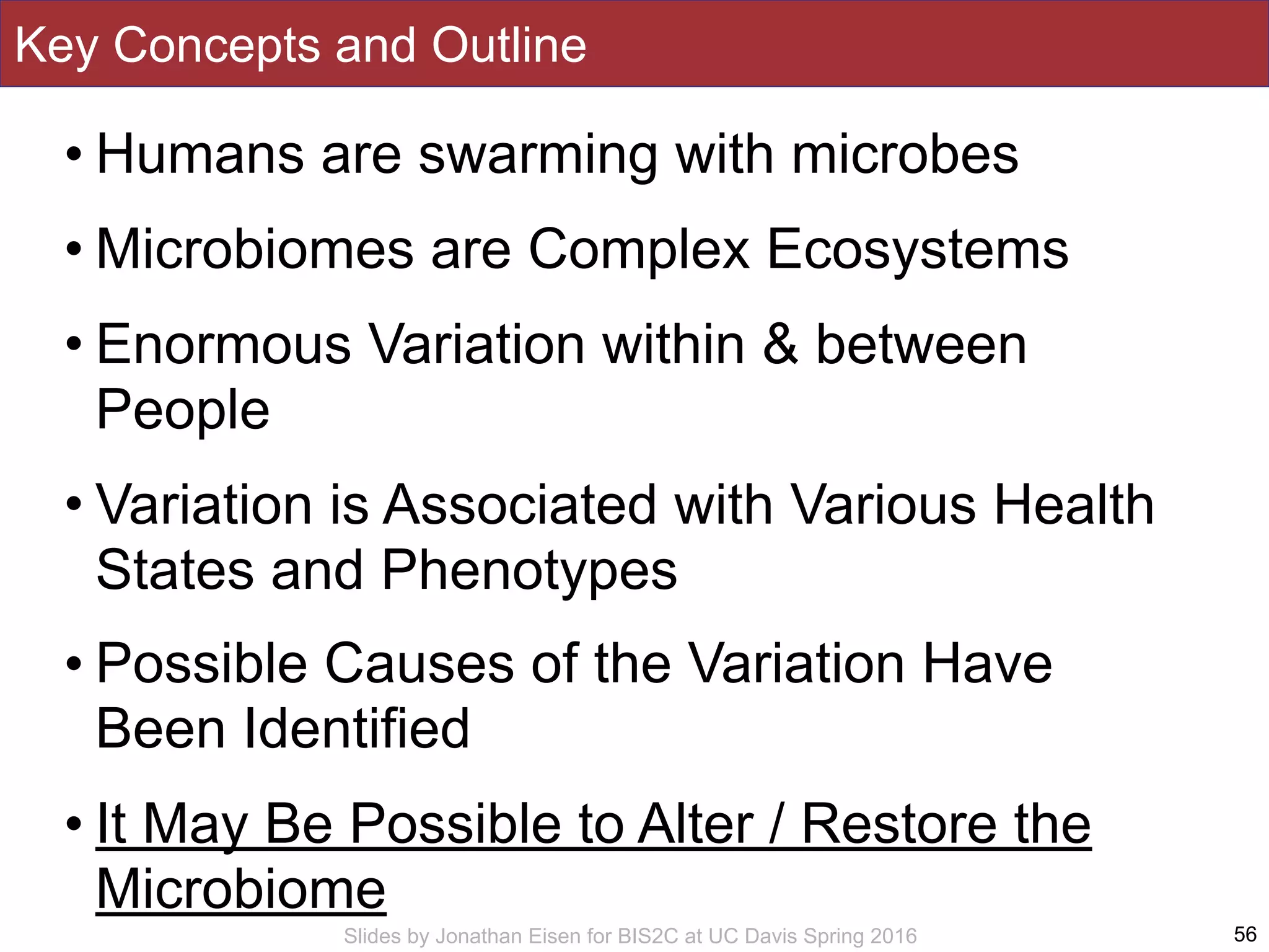 Slides by Jonathan Eisen for BIS2C at UC Davis Spring 2016
Key Concepts and Outline
• Humans are swarming with microbes
• Microbiomes are Complex Ecosystems
• Enormous Variation within & between
People
• Variation is Associated with Various Health
States and Phenotypes
• Possible Causes of the Variation Have
Been Identified
• It May Be Possible to Alter / Restore the
Microbiome
56
 