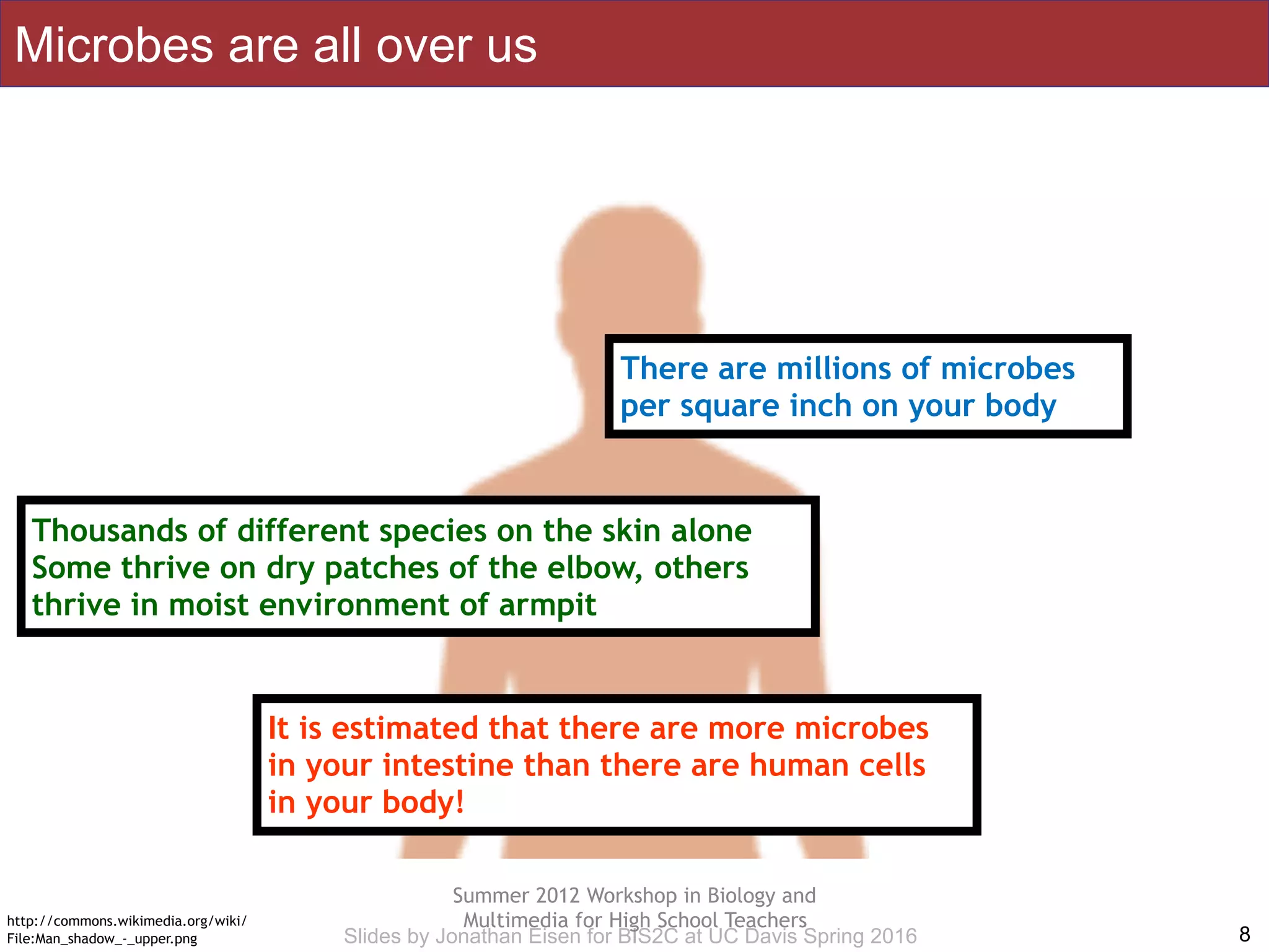 Slides by Jonathan Eisen for BIS2C at UC Davis Spring 2016
Summer 2012 Workshop in Biology and
Multimedia for High School Teachers
Microbes are all over us
8
http://commons.wikimedia.org/wiki/
File:Man_shadow_-_upper.png
Thousands of different species on the skin alone
Some thrive on dry patches of the elbow, others
thrive in moist environment of armpit
There are millions of microbes
per square inch on your body
It is estimated that there are more microbes
in your intestine than there are human cells
in your body!
 