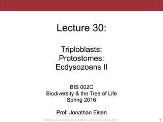 Slides by Jonathan Eisen for BIS2C at UC Davis Spring 2016
Lecture 30:
Triploblasts:
Protostomes:
Ecdysozoans II
BIS 002C
...