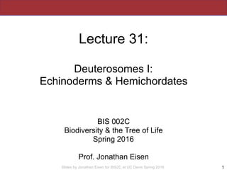 Slides by Jonathan Eisen for BIS2C at UC Davis Spring 2016
Lecture 31:
Deuterosomes I:
Echinoderms & Hemichordates
BIS 002...