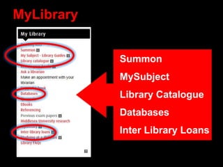 MyLibrary
Summon
MySubject
Library Catalogue
Databases
Inter Library Loans
 