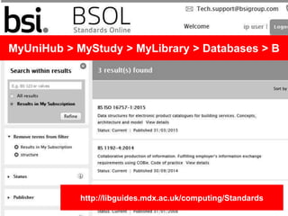 MyUniHub > MyStudy > MyLibrary > Databases > B
http://libguides.mdx.ac.uk/computing/Standards
 