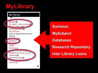 MyLibrary
Summon
MySubject
Databases
Research Repository
Inter Library Loans
 