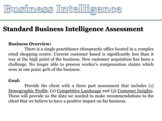 Business Overview:
There is a single practitioner chiropractic office located in a complex
retail shopping center. Current customer based is significantly less than it
was at the high point of the business. New customer acquisition has been a
challenge. No longer able to process worker’s compensation claims which
were at one point 40% of the business.
Goal:
Provide the client with a three part assessment that includes (1)
Demographic Profile, (2) Competitive Landscape and (3) Customer Insights.
These will provide us the data we needed to make recommendations to the
client that we believe to have a positive impact on his business.
Standard Business Intelligence Assessment
 