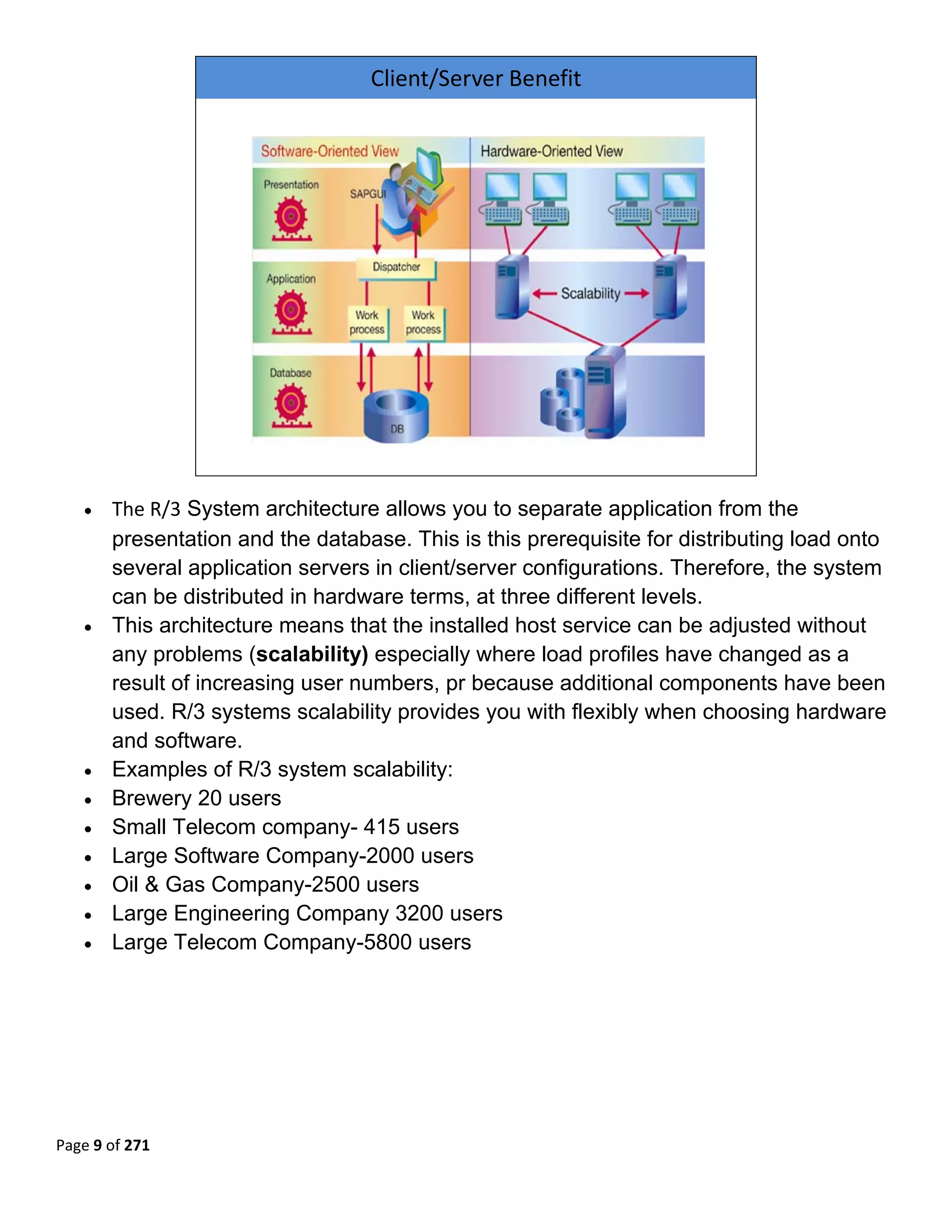 Client/Server Benefit




                                                                             

   •   The R/3 System architecture allows you to separate application from the
       presentation and the database. This is this prerequisite for distributing load onto
       several application servers in client/server configurations. Therefore, the system
       can be distributed in hardware terms, at three different levels. 
   •   This architecture means that the installed host service can be adjusted without
       any problems (scalability) especially where load profiles have changed as a
       result of increasing user numbers, pr because additional components have been
       used. R/3 systems scalability provides you with flexibly when choosing hardware
       and software. 
   •   Examples of R/3 system scalability: 
   •   Brewery 20 users 
   •   Small Telecom company- 415 users 
   •   Large Software Company-2000 users 
   •   Oil & Gas Company-2500 users 
   •   Large Engineering Company 3200 users 
   •   Large Telecom Company-5800 users 
                                               




Page 9 of 271 
 
 