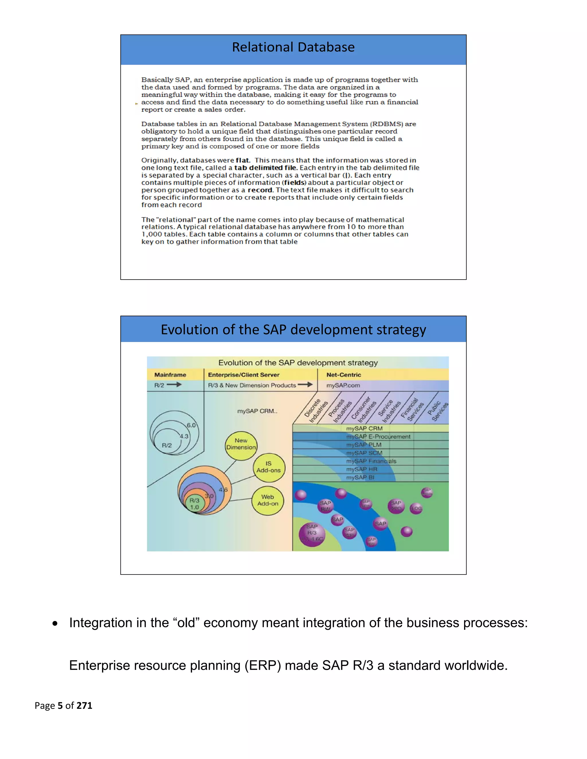 Relational Database




                                                                         

 


                      Evolution of the SAP development strategy




                                                                         



    • Integration in the “old” economy meant integration of the business processes:


       Enterprise resource planning (ERP) made SAP R/3 a standard worldwide.

Page 5 of 271 
 
 