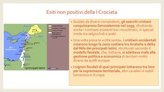 Esiti non positivi della I Crociata 
•Guidati da diversi comandanti, gli eserciti cristiani conquistarono Gerusalemme nel 1099, sfruttando anche i contrasti esistenti tra i musulmani, in special modo tra selgiuchidi e arabi 
•Una volta presa la «città santa», i cristiani occidentali crearono lungo la zona costiera tra Anatolia e delta del Nilo dei principati latini, strutturati secondo il modello feudale, che, tuttavia, si adattava male alla gestione politica e economicadi territori molto diversi da quelli europei 
•I signori feudali di quei principati lottarono tra loro per la supremazia territoriale, altri cavalieri e nobili tornarono in Europa 
I principati latini  