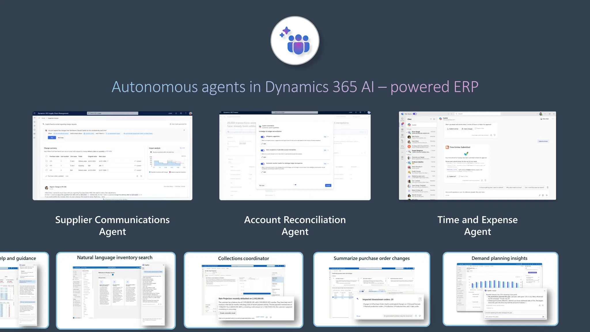 Autonomous agents in Dynamics 365 AI – powered ERP
Supplier Communications
Agent
Account Reconciliation
Agent
Time and Expense
Agent
 