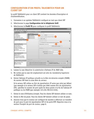 CONFIGURATION D’UN PROFIL TALKSWITCH POUR UN
CLIENT SIP
Le profil TalkSwitch pour un client SIP contient les données d’inscription et
d’authentification.
1. Connexion à un système TalkSwitch configuré en tant que client SIP
2. Sélectionnez la page Configuration de la téléphonie VoIP.
3. Sélectionnez le Profil TS pour configurer le profil TalkSwitch.

4. Laissez la case Désactiver la substitution d'adresse IP du WAN vide.
5. Ne cochez pas la case Cet emplacement est celui du mandataire/registraire
de TalkSwitch.
6. Entrez l’Adresse IP publique actuelle ou le Nom de domaine complet (FQDN)
du serveur SIP dans la zone Nom du serveur.
Si le serveur SIP utilise un Port de signalisation IP autre que celui par défaut
(par exemple si le serveur SIP n’utilise pas 5060 comme Port de signalisation
SIP), spécifiez le numéro de port après les deux points à la fin de l’adresse IP
publique ou du FQDN (par exemple 123.456.789.012:3456).
7. Entrez le nom d’Utilisateur/compte. Tous les clients SIP doivent utiliser ce nom.
8. Entrez le Mot de passe. Tous les clients SIP doivent utiliser ce mot de passe.
9. Assurez-vous que le routeur est configuré de manière à effectuer un transfert
de port pour le port de signalisation SIP et les ports RTP. Reportez-vous à la
section Transfert de port de routeur, page 8.

CHAQUE APPEL COMPTE

15

 