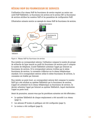 RÉSEAU VOIP DU FOURNISSEUR DE SERVICES
L’utilisation d’un réseau VoIP de fournisseur de service requiert au moins une
unité VoIP TalkSwitch. Le fournisseur de services est le serveur SIP. Le fournisseur
de services attribue les numéros VoIP et les paramètres de configuration VoIP.
L’illustration suivante montre un exemple de réseau VoIP de fournisseur de services.

Figure 4: Réseau VoIP du fournisseur de services

Pour joindre un correspondant externe, l’utilisateur compose le numéro de groupe
de recherche de ligne associé au profil du fournisseur de services puis il compose
le numéro de téléphone. L’unité TalkSwitch achemine l’appel par Internet au
fournisseur de services. Si le correspondant externe n’utilise pas le même
fournisseur de services, la connexion s’effectue sur le réseau téléphonique
standard. Si le correspondant externe utilise le même fournisseur de services, la
connexion est établie par Internet.
Pour joindre un poste local, un correspondant externe doit composer le numéro
VoIP qui a été attribué au système TalkSwitch par le fournisseur de services.
L’appel est acheminé via le réseau téléphonique au fournisseur de services. Ce
dernier achemine l’appel par Internet au système TalkSwitch, lequel réachemine
l’appel au poste local.
Avant de poursuivre, assurez-vous que les procédures suivantes ont été effectuées :
•

Le système TalkSwitch de chaque emplacement a été raccordé à un réseau
(page 3).

•

Les adresses IP locales et publiques ont été configurées (page 5).

•

Le routeur a été configuré (page 8).

CHAQUE APPEL COMPTE

19

 