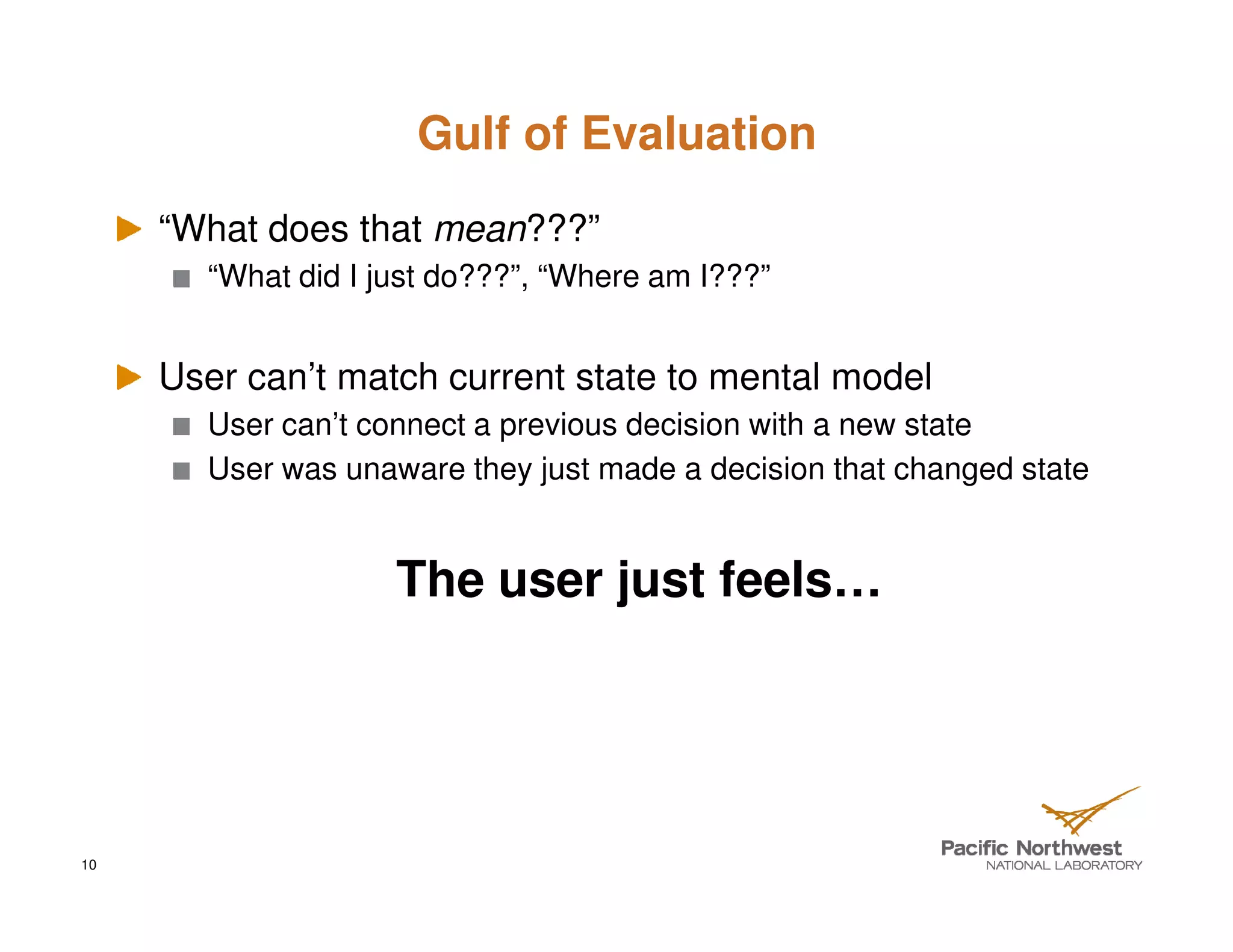 Gulf of Evaluation
     “What does that mean???”
       “What did I just do???”, “Where am I???”


     User can’t match current state to mental model
       User can’t connect a previous decision with a new state
       User was unaware they just made a decision that changed state


                    The user just feels…




10
 