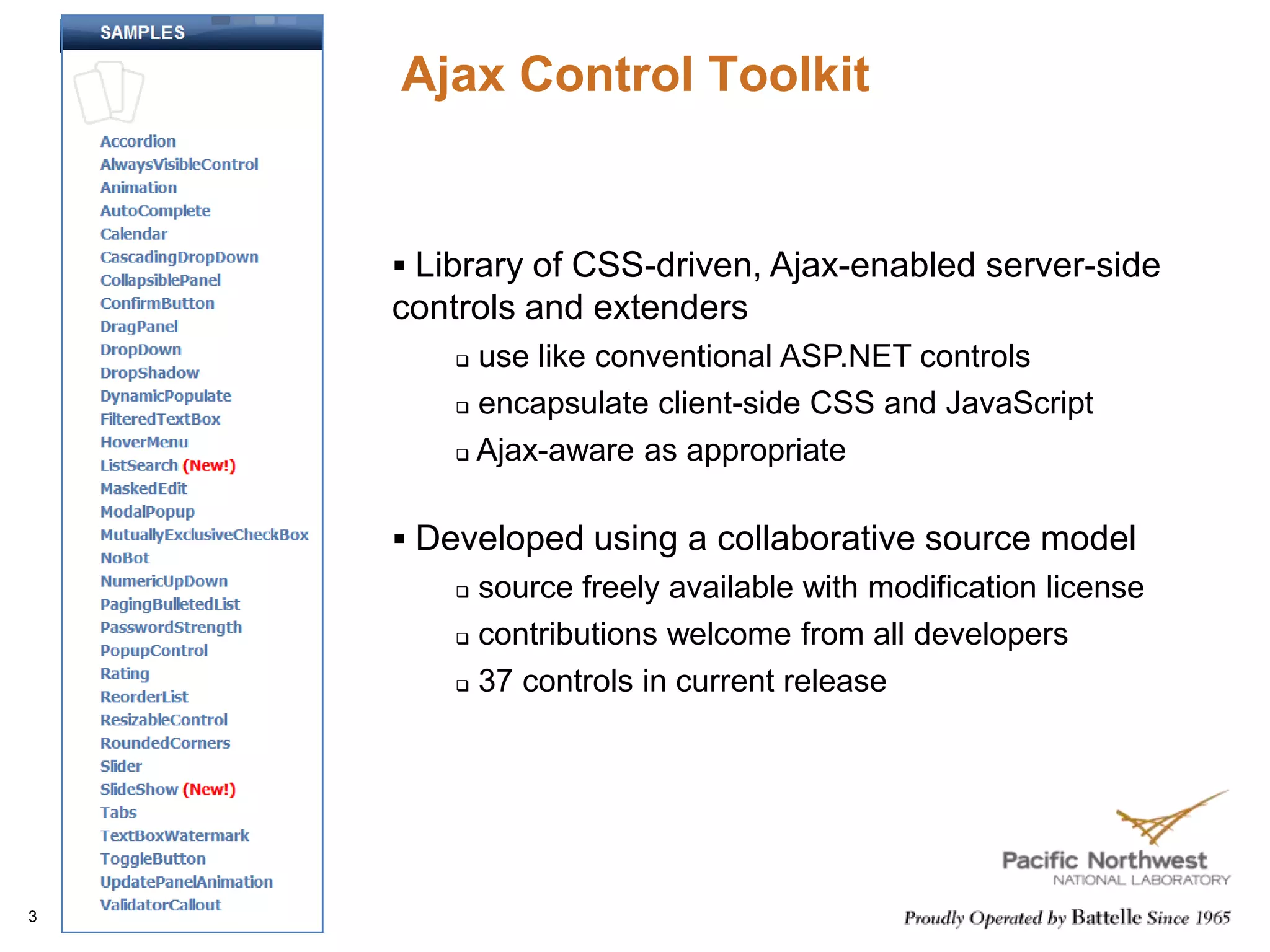 3Ajax Control ToolkitLibrary of CSS-driven, Ajax-enabled server-side controls and extenders