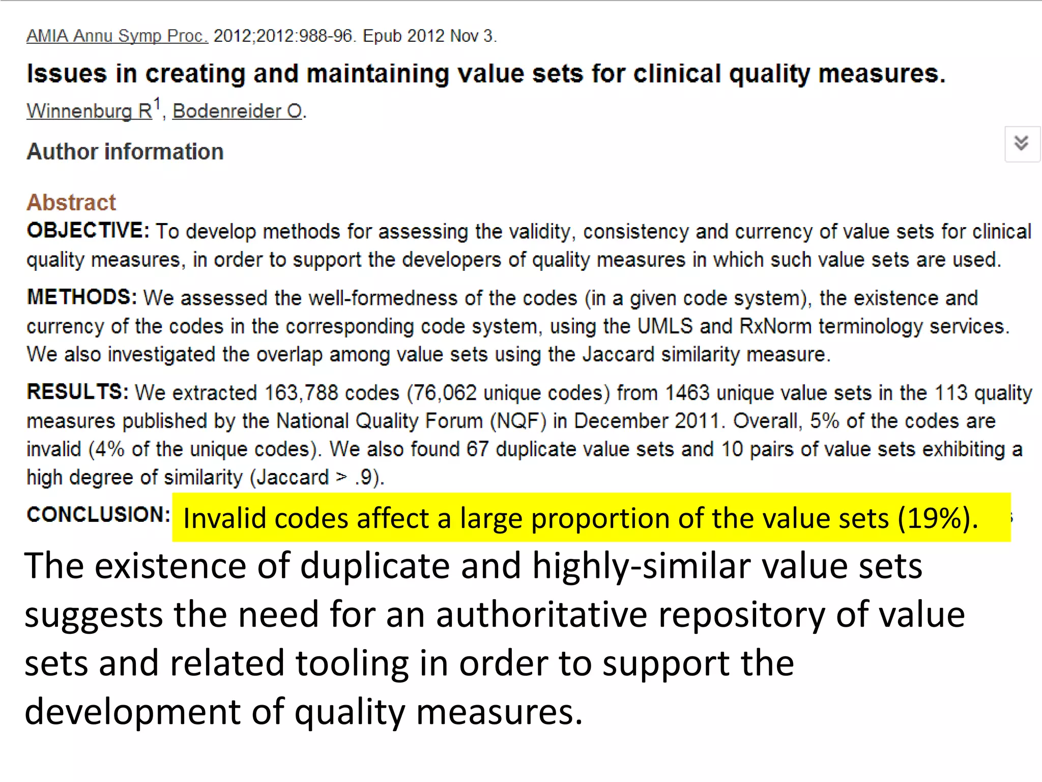 Invalid codes affect a large proportion of the value sets (19%).

The existence of duplicate and highly-similar value sets
suggests the need for an authoritative repository of value
sets and related tooling in order to support the
development of quality measures.

 