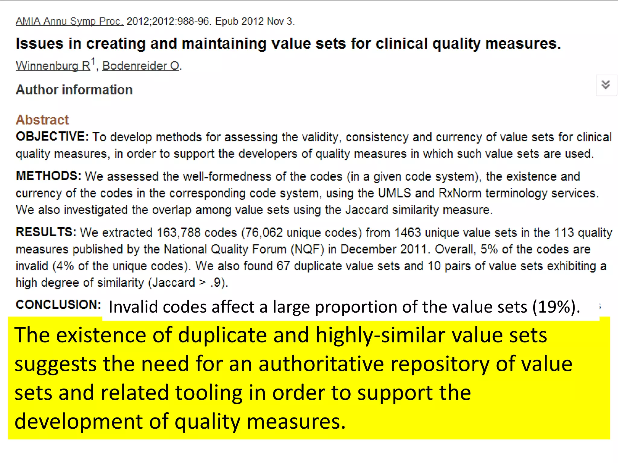 Invalid codes affect a large proportion of the value sets (19%).

The existence of duplicate and highly-similar value sets
suggests the need for an authoritative repository of value
sets and related tooling in order to support the
development of quality measures.

 