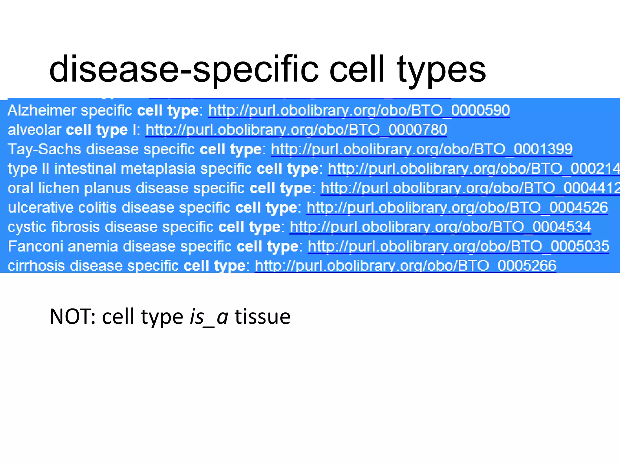 disease-specific cell types

NOT: cell type is_a tissue

 