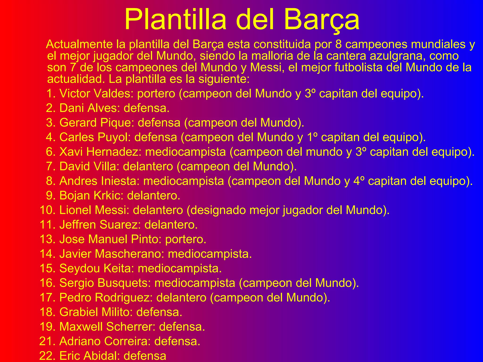 Plantilla del Barça Actualmente la plantilla del Barça esta constituida por 8 campeones mundiales y el mejor jugador del Mundo, siendo la malloria de la cantera azulgrana, como son 7 de los campeones del Mundo y Messi, el mejor futbolista del Mundo de la actualidad. La plantilla es la siguiente: 1. Victor Valdes: portero (campeon del Mundo y 3º capitan del equipo). 2. Dani Alves: defensa. 3. Gerard Pique: defensa (campeon del Mundo). 4. Carles Puyol: defensa (campeon del Mundo y 1º capitan del equipo). 6. Xavi Hernadez: mediocampista (campeon del mundo y 3º capitan del equipo). 7. David Villa: delantero (campeon del Mundo). 8. Andres Iniesta: mediocampista (campeon del Mundo y 4º capitan del equipo). 9. Bojan Krkic: delantero. 10. Lionel Messi: delantero (designado mejor jugador del Mundo). 11. Jeffren Suarez: delantero. 13. Jose Manuel Pinto: portero. 14. Javier Mascherano: mediocampista.  15. Seydou Keita: mediocampista. 16. Sergio Busquets: mediocampista (campeon del Mundo). 17. Pedro Rodriguez: delantero (campeon del Mundo). 18. Grabiel Milito: defensa. 19. Maxwell Scherrer: defensa. 21. Adriano Correira: defensa. 22. Eric Abidal: defensa 