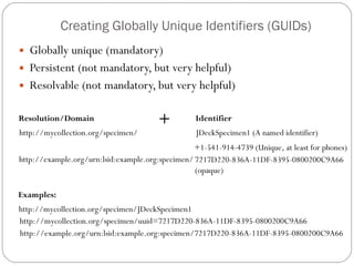 Creating Globally Unique Identifiers (GUIDs) Globally unique (mandatory) Persistent (not mandatory, but very helpful) Resolvable (not mandatory, but very helpful) +1-541-914-4739 (Unique, at least for phones) Resolution/Domain + Identifier JDeckSpecimen1 (A named identifier) http://mycollection.org/specimen/ http://mycollection.org/specimen/JDeckSpecimen1 http://mycollection.org/specimen/uuid=7217D220-836A-11DF-8395-0800200C9A66  Examples: http://example.org/urn:lsid:example.org:specimen/7217D220-836A-11DF-8395-0800200C9A66  7217D220-836A-11DF-8395-0800200C9A66  (opaque)  http://example.org/urn:lsid:example.org:specimen/ 