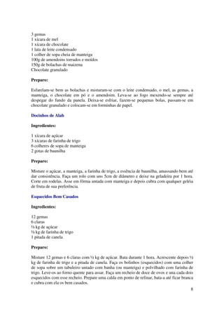 3 gemas
1 xícara de mel
1 xícara de chocolate
1 lata de leite condensado
1 colher de sopa cheia de manteiga
100g de amendoins torrados e moídos
150g de bolachas de maizena
Chocolate granulado

Preparo:

Esfarelam-se bem as bolachas e misturam-se com o leite condensado, o mel, as gemas, a
manteiga, o chocolate em pó e o amendoim. Leva-se ao fogo mexendo-se sempre até
despegar do fundo da panela. Deixa-se esfriar, fazem-se pequenas bolas, passam-se em
chocolate granulado e colocam-se em forminhas de papel.

Docinhos de Alah

Ingredientes:

1 xícara de açúcar
3 xícaras de farinha de trigo
6 colheres de sopa de manteiga
2 gotas de baunilha

Preparo:

Misture o açúcar, a manteiga, a farinha de trigo, a essência de baunilha, amassando bem até
dar consistência. Faça um rolo com uns 5cm de diâmetro e deixe na geladeira por 1 hora.
Corte em rodelas. Asse em fôrma untada com manteiga e depois cubra com qualquer geléia
de fruta de sua preferência.

Esquecidos Bem Casados

Ingredientes:

12 gemas
6 claras
½ kg de açúcar
½ kg de farinha de trigo
1 pitada de canela

Preparo:

Misture 12 gemas e 6 claras com ½ kg de açúcar. Bata durante 1 hora. Acrescente depois ½
kg de farinha de trigo e a pitada de canela. Faça os bolinhos (esquecidos) com uma colher
de sopa sobre um tabuleiro untado com banha (ou manteiga) e polvilhado com farinha de
trigo. Leve-os ao forno quente para assar. Faça um recheio de doce de ovos e una cada dois
esquecidos com esse recheio. Prepare uma calda em ponto de refinar, bata-a até ficar branca
e cubra com ela os bem casados.
                                                                                          8
 